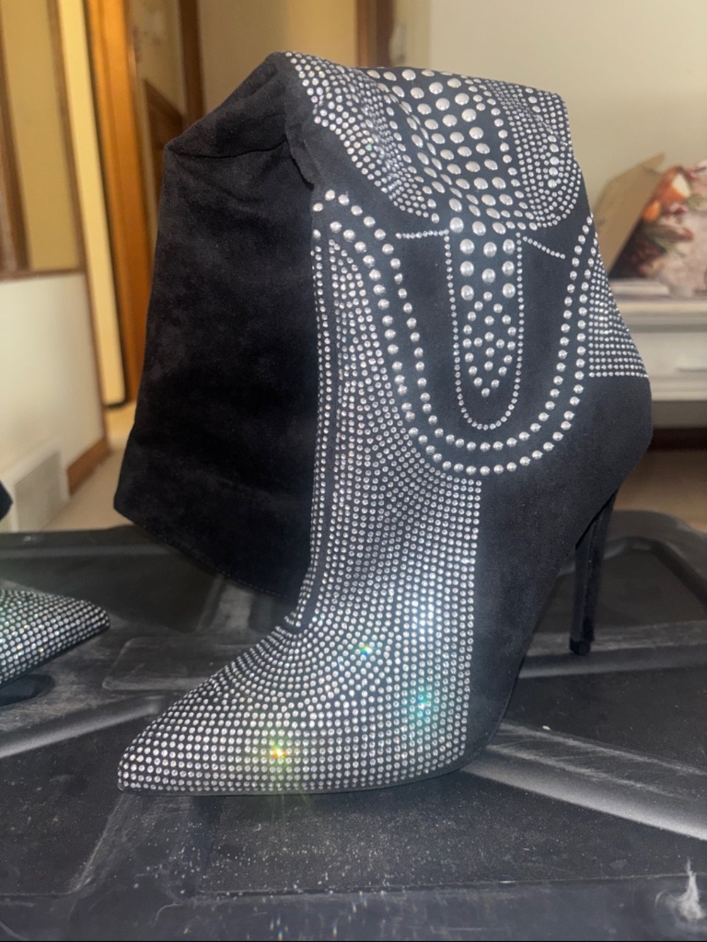 Cape Robbin Black Rhinestone Embellished Pointed Stiletto heeled boots
